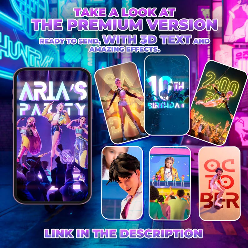 Puede incluir: Imagen promocional que muestra arte digital con el texto "TAKE A LOOK AT THE PREMIUM VERSION" y "READY TO SEND, WITH 3D TEXT AND AMAZING EFFECTS." La imagen presenta un tel&eacute;fono que muestra "ARIA'S PARTY" y otras piezas de arte digital.