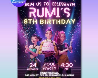 K-Pop Demon Hunters Birthday Invitation - Huntrix, Editable Canva Template (Digital Download)
