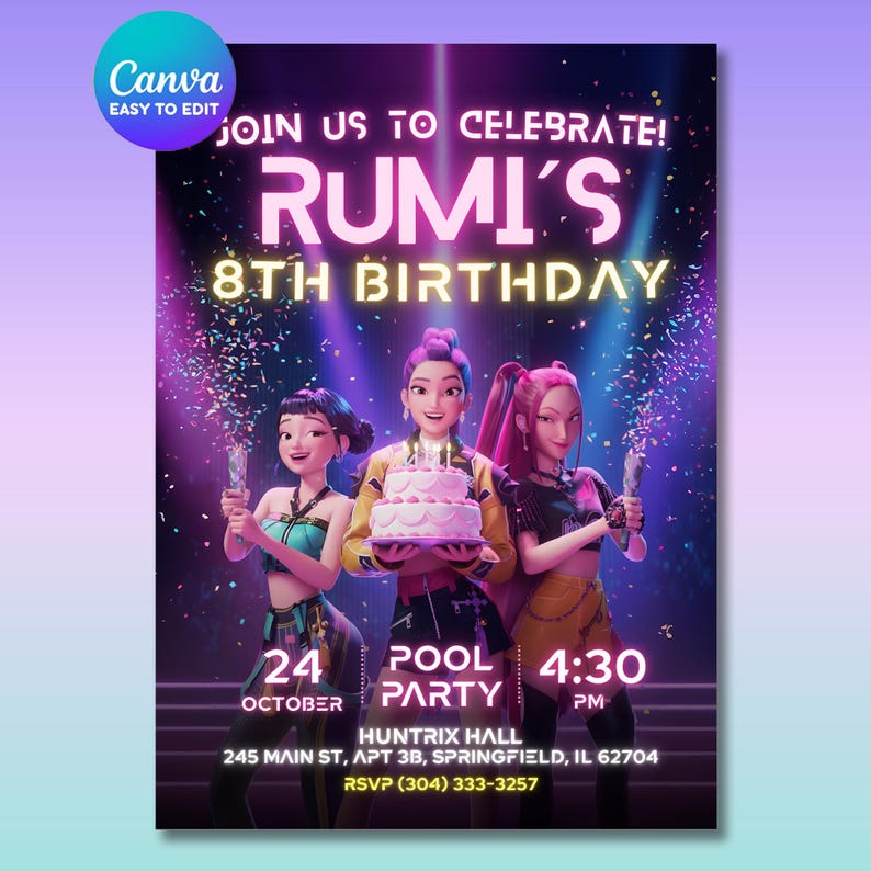 May include: A vibrant birthday party invitation featuring three animated figures. The invitation reads "Rumi's 8th Birthday" with details for a pool party on October 24th at 4:30 PM. The Canva logo is in the upper left corner.