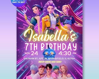 K-pop Demon Hunters Birthday Invitation - Huntrix, Saja Boys (Canva Template, Digital Download)