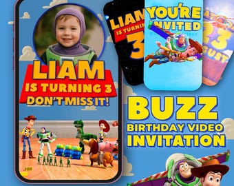 May include: A digital birthday invitation featuring a child dressed as Buzz Lightyear. The invitation includes the text "LIAM IS TURNING 3 DON'T MISS IT!" and "BUZZ BIRTHDAY VIDEO INVITATION". Additional cards show "YOU'RE INVITED".
