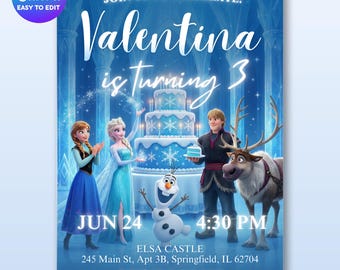 Frozen Birthday Invitation Editable Canva, Ice Castle Party Princess Elsa & Anna for Girl, Olaf Invite Theme, Digital Download and Printable