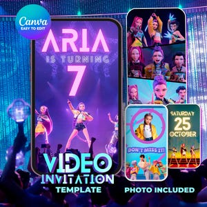 May include: A digital video invitation template for a birthday party. The design features the name "ARIA" and the number "7" in pink, with the text "VIDEO INVITATION TEMPLATE" at the bottom. Additional photos are included, with the text "PHOTO INCLUDED".