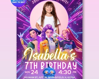 K-pop Demon Hunters Birthday Invitation - Editable Canva Template With Photo - Rumi, Mira, Zoey - Printable Party Invite Digital