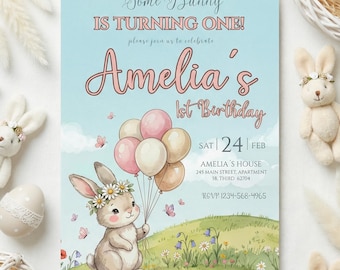 Bunny 1st Birthday Invitation Template | Some Bunny is One Watercolor Invite | Pastel Pink Boho Floral Bunny Balloons Garden| Editable Canva