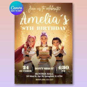 Peut inclure: Invitation numérique pour le 8e anniversaire d'Amelia, avec trois personnages animés tenant des étincelles et un gâteau. L'invitation comprend la date, l'heure et le lieu : Huntrix Hall, Springfield, IL. Le logo Canva est en haut à gauche.
