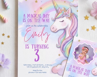 Unicorn Birthday Invitation With Photo Template | Pastel Rainbow Magical Unicorn Party Invite | Fairytale Princess | Editable Canva Template