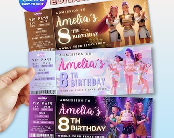 Faire-part pour le concert d'anniversaire des chasseurs de démons K-pop, 3 modèles de toile modifiables, décorations de fête d'anniversaire imprimables Huntrix, passe fête