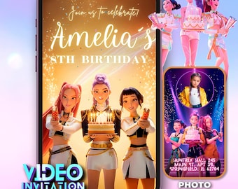 Invitation vidéo d'anniversaire dorée Kpop Demon Hunters, animation numérique sur toile éditable (Huntrix & Saja Boys), étiquette de remerciement, lot de billets