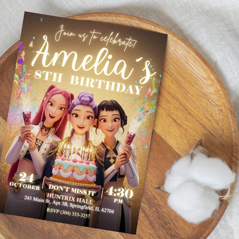 May include: A birthday party invitation featuring three animated girls holding a cake and party favors. The invitation reads "Join us to celebrate Amelia's 8th Birthday" with the date, time, and location details.