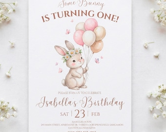 Bunny 1st Birthday Invitation Template | Some Bunny is One Invite | Pink Boho Bunny Birthday | Daisies & Butterflies Editable Canva