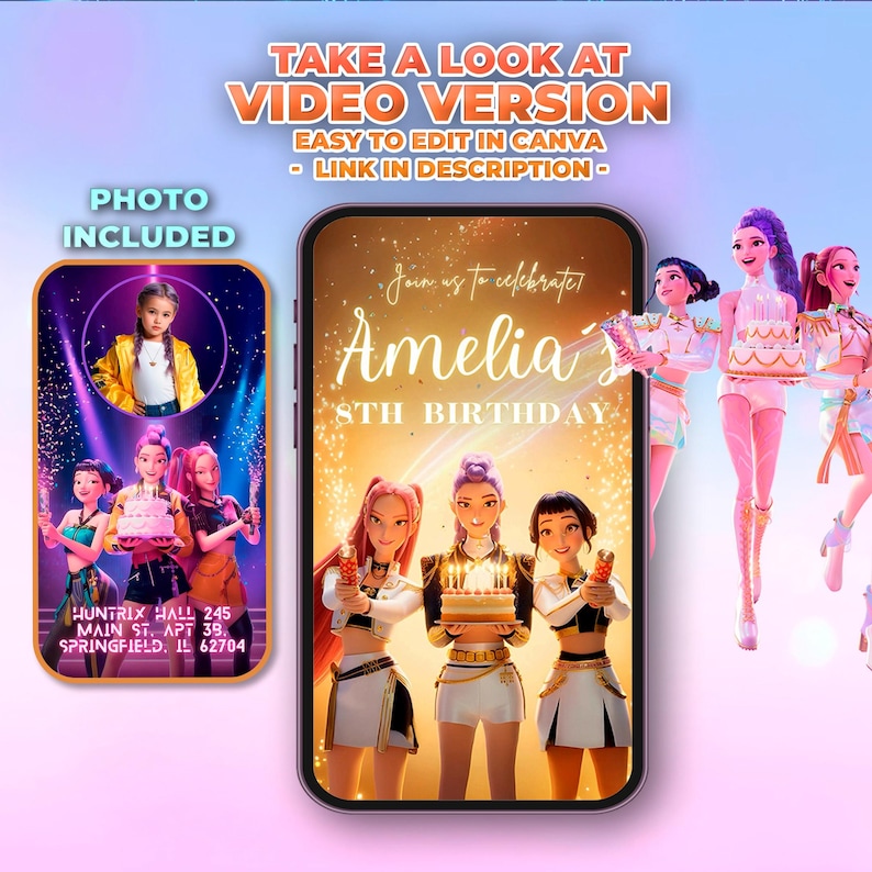 May include: A digital birthday party invitation featuring a cartoon illustration of girls holding a cake and sparklers. The invitation says "Join us to celebrate Amelia's 8th Birthday." The image also includes the text "Take a look at video version" and "Photo Included."
