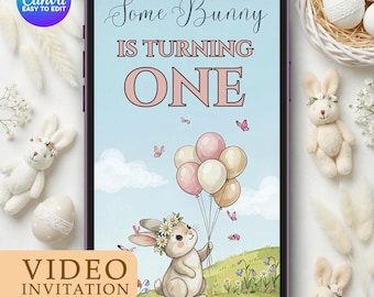 Bunny 1st Birthday Video Invitation Template | Some Bunny is One Watercolor Invite | Pastel Pink Boho Floral Garden Bunny | Canva Editable
