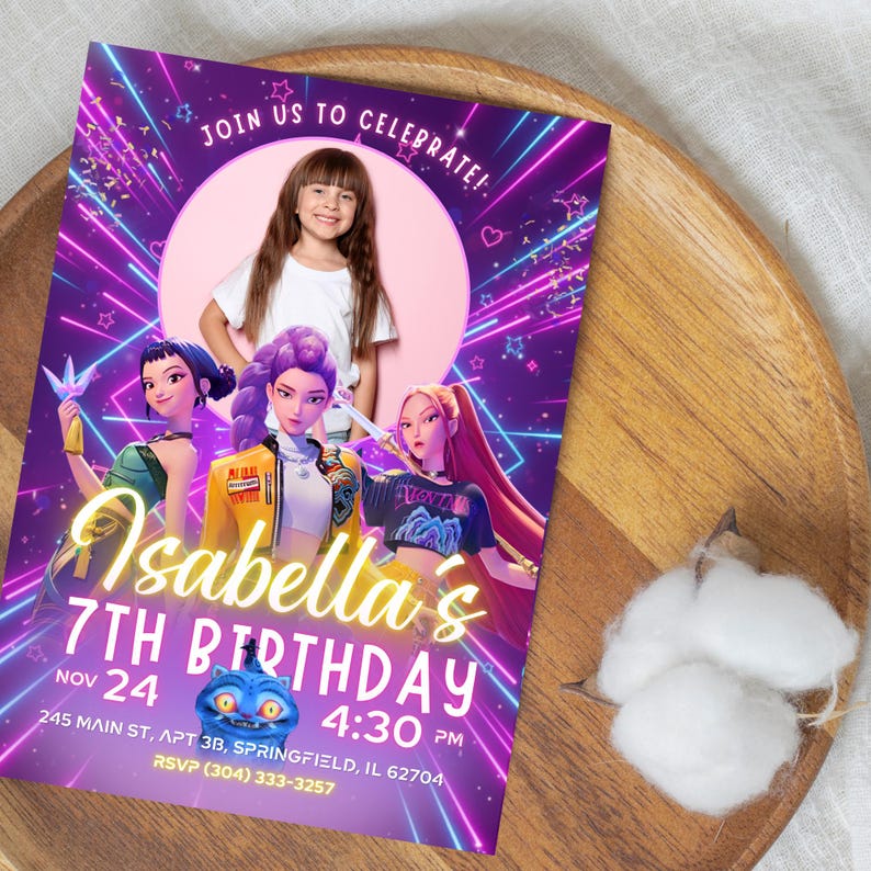 May include: A purple birthday invitation with the text "Isabella's 7th Birthday" and the date. The invitation features a photo of a girl and animated characters. The background has neon lines and stars.