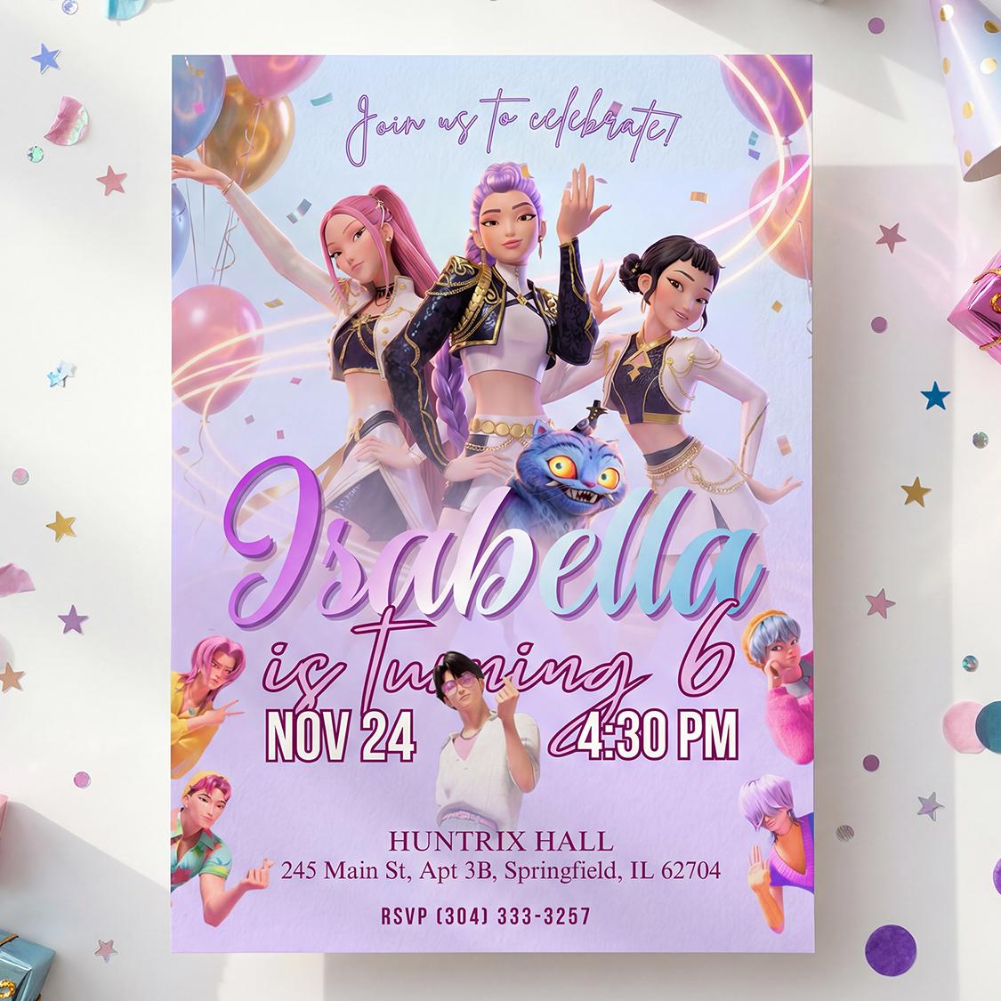 K-pop Demon Hunters Birthday Invitation Huntrix Rumi Mira Zoey