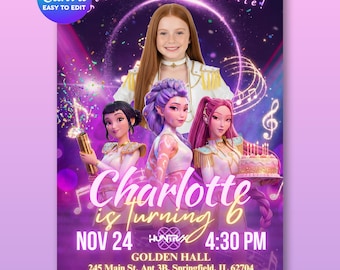 K-pop Demon Hunters Birthday Invitation With photo - Editable Canva Template - Huntrix Golden - Printable Party Invite Digital Download