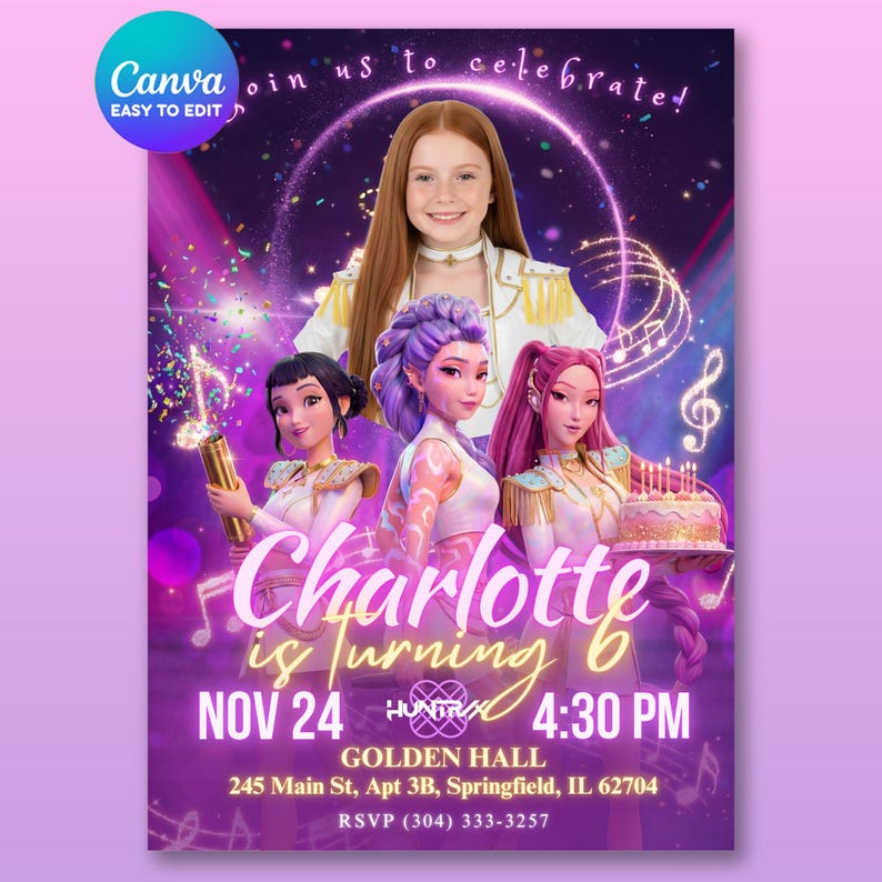 May include: A purple birthday party invitation with the text "Charlotte is turning 6". The invitation features a photo of a girl and animated characters. The date is November 24th at 4:30 PM.