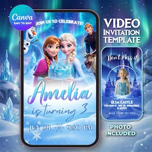 Frozen-verjaardagsvideo-verjaardagsuitnodiging – bewerkbaar canvas – Elsa en Anna Digital Party-winterprinses-uitnodiging