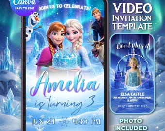 Frozen Birthday Video Invitation – Editable Canva - Elsa & Anna Digital Party Winter Princess Invitation
