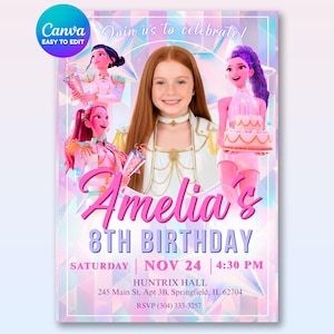 Op de afbeelding: Een uitnodiging voor een verjaardagsfeestje met een foto van een meisje met rood haar. De uitnodiging bevat de tekst "Amelia's 8th Birthday" met evenementdetails en cartoon illustraties. De achtergrond heeft een geometrisch ontwerp.