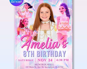 May include: A birthday party invitation featuring a photo of a smiling girl with long red hair. The invitation includes the text "Amelia's 8th Birthday" with event details, and cartoon illustrations. The background has a geometric design.