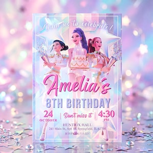 Könnte beinhalten: Eine Geburtstagseinladung mit holografischem Hintergrund. Die Einladung zeigt drei animierte Figuren und den Text "Amelia's 8th Birthday" zusammen mit Datum, Uhrzeit und Veranstaltungsort. Der Text "Join us to celebrate!" steht oben.