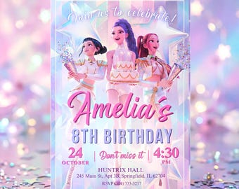 Invitación de cumpleaños de Cazadores de Demonios K-pop HUNTRIX - Plantilla editable de Canva - Blanco dorado - Invitación imprimible para fiesta de cumpleaños