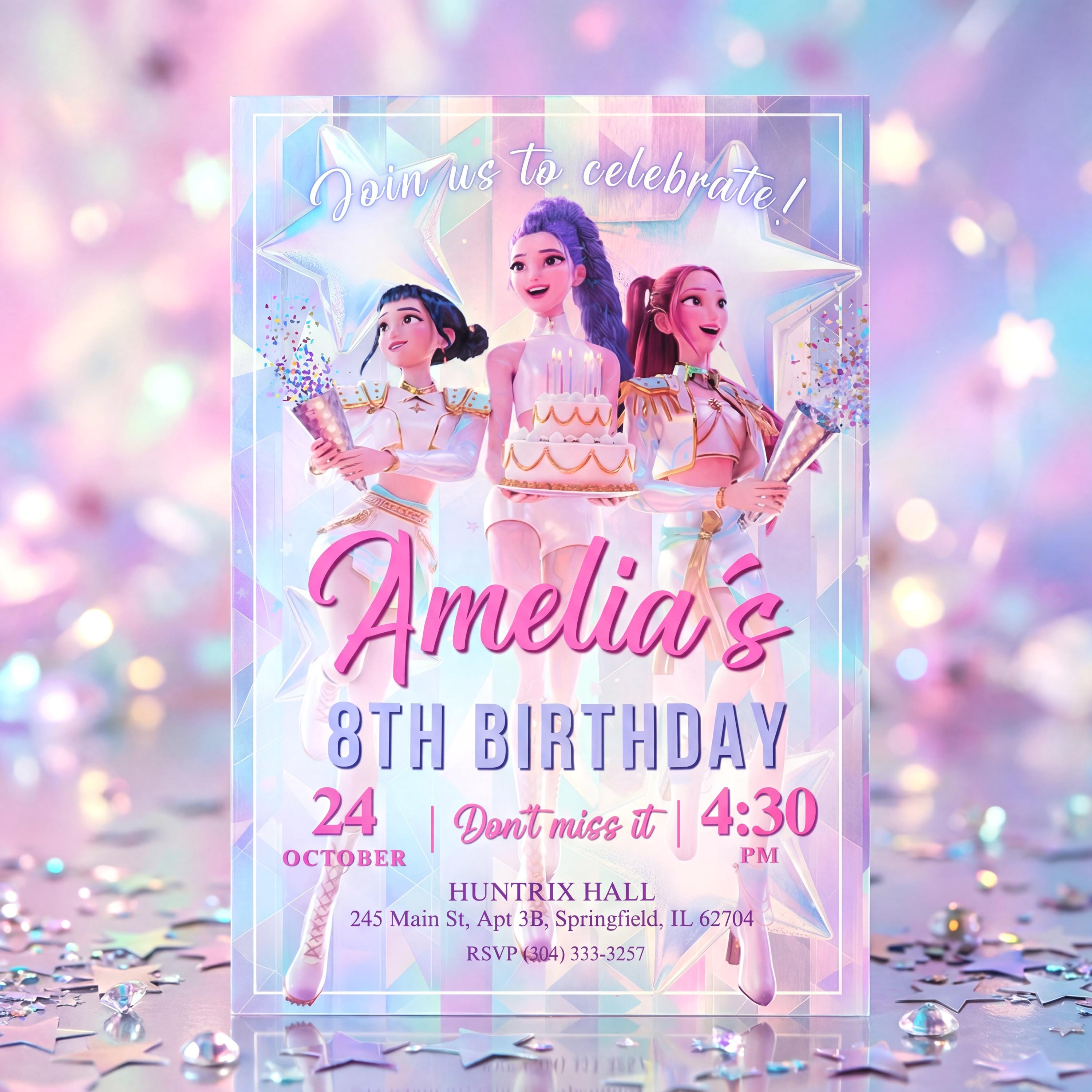 K-pop Demon Hunters Birthday Invitation HUNTRIX - Editable Canva