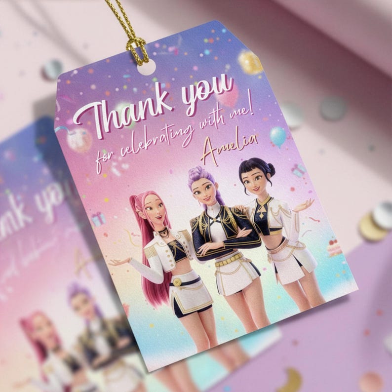 K&ouml;nnte beinhalten: Ein Geschenkanh&auml;nger mit einem lila-rosa Farbverlauf. Der Anh&auml;nger tr&auml;gt den Text "Thank you for celebrating with me! Amelia" in Schreibschrift. Drei Cartoon-Frauen sind auf dem Anh&auml;nger abgebildet. Der Anh&auml;nger ist mit einer goldenen Kordel versehen.