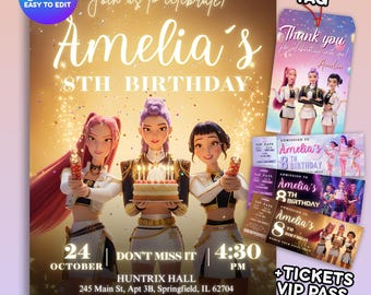 K-pop Demon Hunters Birthday Invitation, Thank you Tag and Ticket Pass - Editable Canva Template -Huntrix Golden White - Printable Bundle