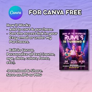 May include: A digital invitation template with the Canva logo and the text "FOR CANVA FREE." The invitation features a colorful design with three animated figures and the text "RUMI'S IS TURNING 8." Instructions on how to use the template are also included.
