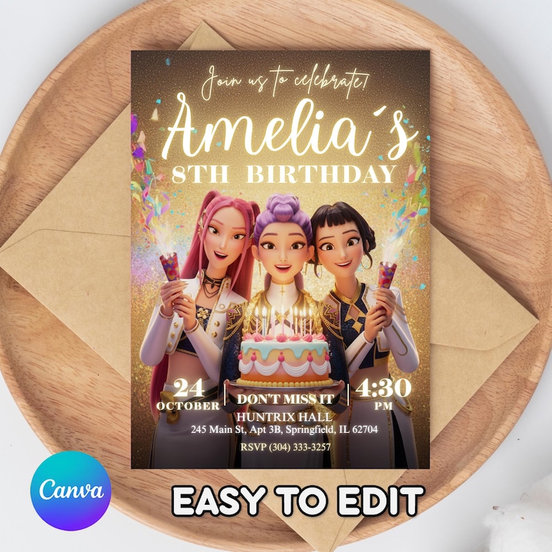 May include: A birthday invitation featuring three animated girls holding sparklers and a cake. The invitation reads "Join us to celebrate Amelia's 8th Birthday" with event details: October 24, 4:30 PM, Huntrix Hall, and RSVP information. The Canva logo and "EASY TO EDIT" text are also visible.