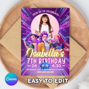 May include: A vibrant birthday invitation featuring a young girl and three animated characters. The design includes the text "Isabella's 7th Birthday" with the date and time. The background has neon pink and purple lines and stars. The words "Easy to Edit" are at the bottom.