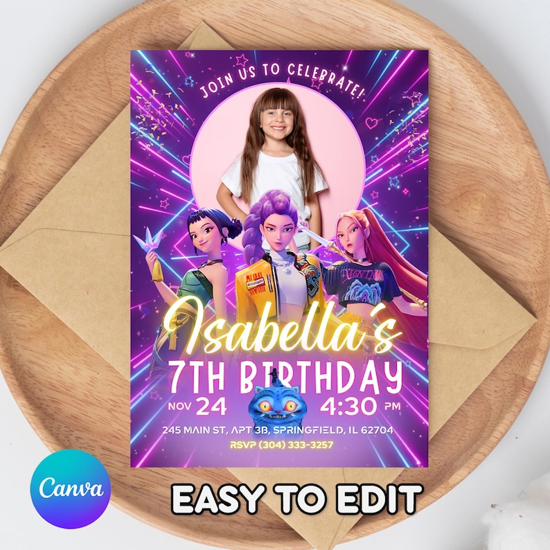 May include: A vibrant birthday invitation featuring a young girl and three animated characters. The design includes the text "Isabella's 7th Birthday" with the date and time. The background has neon pink and purple lines and stars. The words "Easy to Edit" are at the bottom.