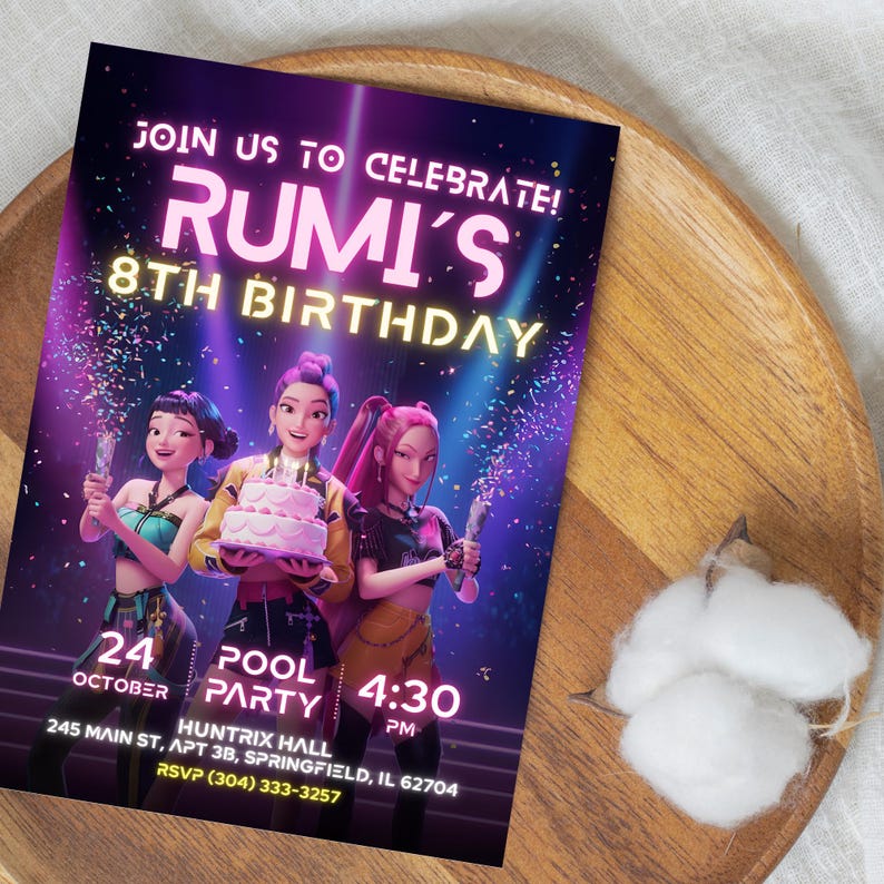 May include: A birthday party invitation with the text "JOIN US TO CELEBRATE! RUMI'S 8TH BIRTHDAY". The invitation features three animated characters and party details: October 24, Pool Party, 4:30 PM, and the address.
