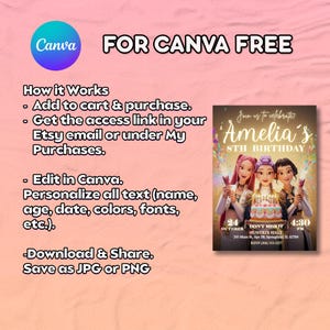 May include: A digital invitation template for a birthday party, featuring three animated girls holding sparklers. The invitation includes the text "Amelia's 8th Birthday" and instructions for editing in Canva. The design is set against a pink background.