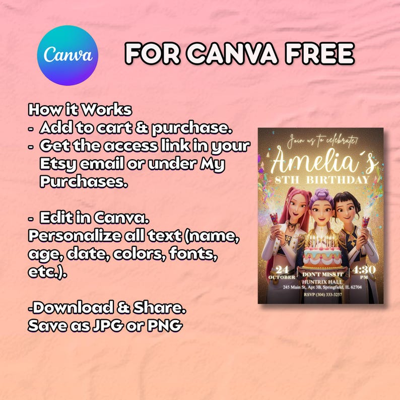 May include: A digital invitation template for a birthday party, featuring three animated girls holding sparklers. The invitation includes the text "Amelia's 8th Birthday" and instructions for editing in Canva. The design is set against a pink background.