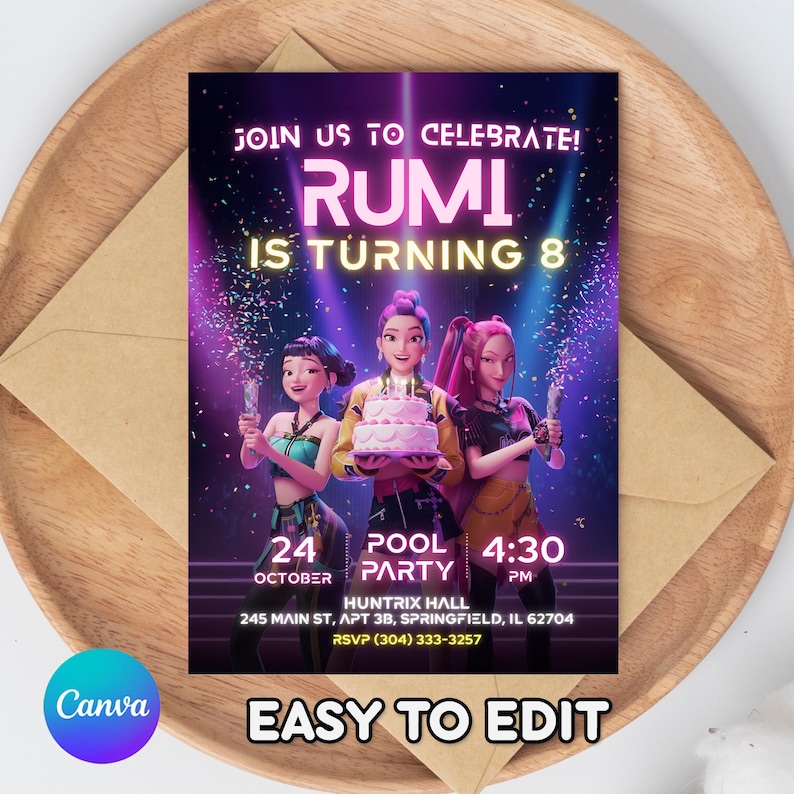 May include: A birthday party invitation featuring three animated figures holding a cake and sparklers. The invitation reads "RUMI IS TURNING 8" with event details: October 24, Pool Party, 4:30 PM, and Huntrix Hall address. The Canva logo is in the corner.