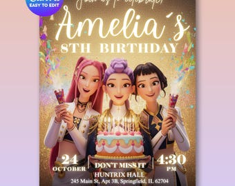 K-POPデーモンハンター誕生日招待状 - 編集可能なCanvaテンプレート - Huntrixの金色の白と黒のスーツ - 印刷可能な誕生日パーティー招待状