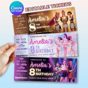 K&ouml;nnte beinhalten: Drei farbenfrohe Geburtstagskarten mit dem Text "Amelia's 8th Birthday" und "World Tour Final Show". Die Karten sind lila, rosa und goldfarben und zeigen Illustrationen von animierten Charakteren. Die Karten enthalten auch den Text "VIP Pass" und Eventdetails.