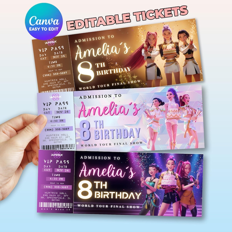 K&ouml;nnte beinhalten: Drei farbenfrohe Geburtstagskarten mit dem Text "Amelia's 8th Birthday" und "World Tour Final Show". Die Karten sind lila, rosa und goldfarben und zeigen Illustrationen von animierten Charakteren. Die Karten enthalten auch den Text "VIP Pass" und Eventdetails.