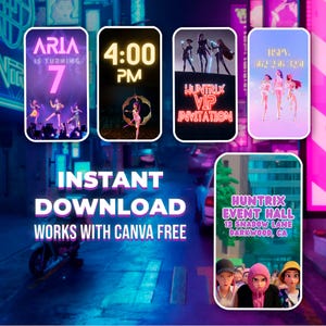 Puede incluir: Un dise&ntilde;o digital que presenta plantillas de invitaciones a eventos. Las plantillas incluyen texto como "ARIA IS TURNING 7", "4:00 PM", "HUNTRIX VIP INVITATION" y "HUNTRIX EVENT HALL". El dise&ntilde;o tambi&eacute;n incluye el texto "INSTANT DOWNLOAD WORKS WITH CANVA FREE".