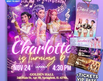 K-pop Demon Hunters Birthday Invitation, Thank you Tag and Ticket Pass Editable Canva Template - Huntrix Golden Rumi Mira Zoey - Printable