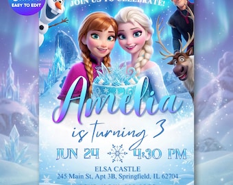 Frozen Birthday Invitation Editable Canva, Party Princess Elsa & Anna for Girl, Olaf Invite Theme, Digital Download and Printable