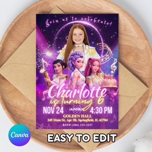 May include: A purple and gold birthday party invitation with a photo of a girl and three animated characters. The invitation reads "Charlotte is turning 6" with the date, time, and location. The text "Easy to Edit" is at the bottom.