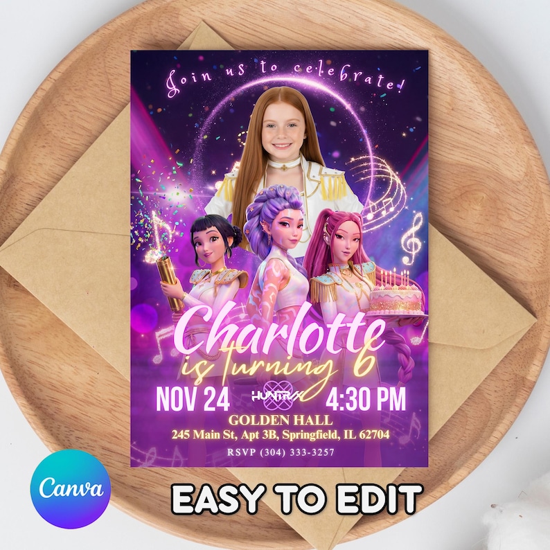 May include: A purple and gold birthday party invitation with a photo of a girl and three animated characters. The invitation reads "Charlotte is turning 6" with the date, time, and location. The text "Easy to Edit" is at the bottom.