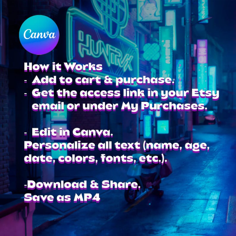 Puede incluir: Anuncio de plantilla de dise&ntilde;o digital con un fondo de ciudad de ne&oacute;n. El logotipo de Canva es visible. El texto incluye "How it Works", "Add to cart & purchase", "Edit in Canva" y "Download & Share".