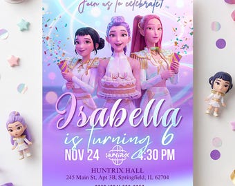 Invitación de cumpleaños de K-pop Demon Hunters, etiqueta de agradecimiento y pase de entrada: paquete de tema Huntrix Golden White (plantilla de Canva editable)