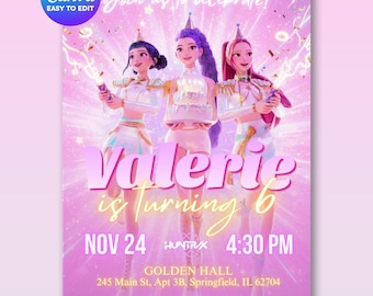 K-pop Demon Hunters Birthday Invitation Huntrix Golden Pink- Editable Canva Template - Printable Birthday Party Invite Digital Download