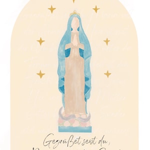May include: A digital illustration of the Virgin Mary in a blue robe with a crown on her head. The background is a light yellow with gold stars. The text at the bottom reads "Gegrüßet seist du, Maria, voll der Gnade".